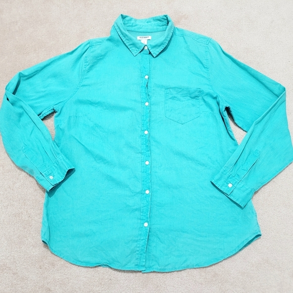 Linen Cotton Blend Button Up Shirt Women’s Size Large Turquoise Color Old Navy - Picture 7 of 12